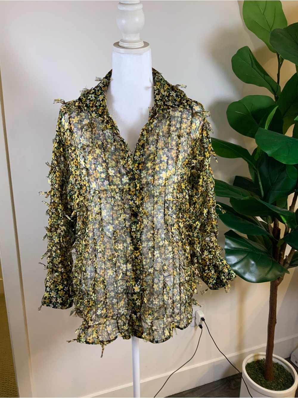 Zara Sheer Black Blouse with Yellow Floral Print